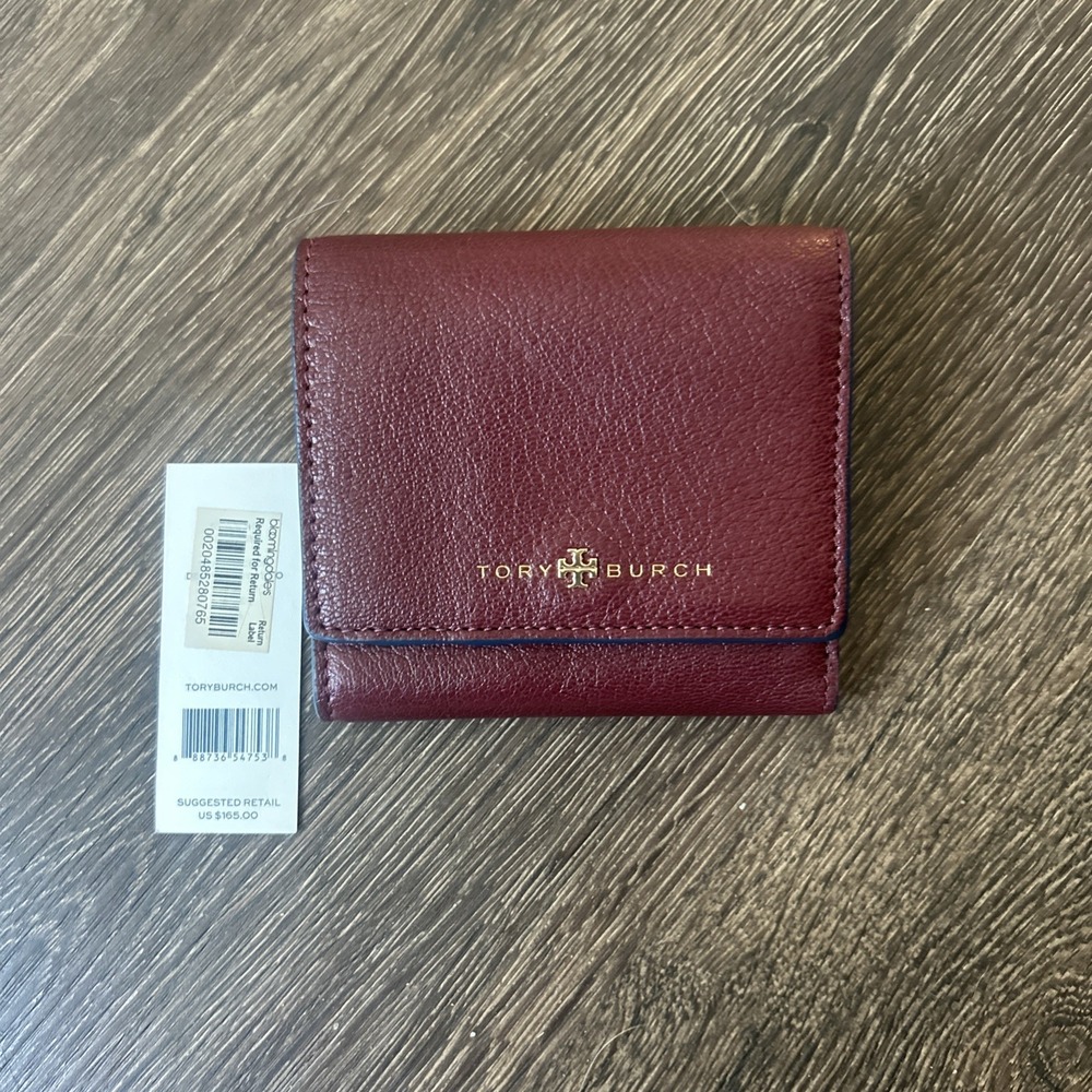 Tory Burch Tri-Fold Leather  Wallet with Gold Logo In Claret Color NEW TAGS $165